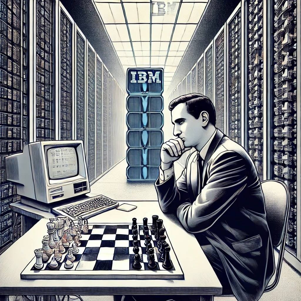 Нейросеть DALL-E (OpenAI). Промпт: «IBM supercomputer Deep Blue beats Garry Kasparov at chess. Style — drawing»